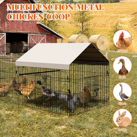 Heavy Duty Metal Chicken Coop With Waterproof And Anti UV Cover No Fuss Portable Chicken Run For Yard Poultry Cage Hen House For Backyard Farm Use 86 Inch Long By 40 Inch Wide By 40 Inch High Rust Resistant Epoxy Coated Frame Ground Nails Included in a grassy yard with chickens inside