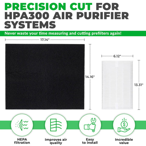 True HEPA Filter Set With 3 Pack And 4 Precut Activated Carbon Pre Filters For Type R And HRF Series HRF R3 R2 R1 AP1 Compatible Replacement featuring dimensions and features on packaging.