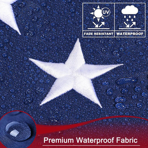 Close-up view of Heavy Duty 4x6 Outdoor Nylon US Flag With Embroidered Stars Sewn Stripes Brass Grommets. Waterproof fabric detail.