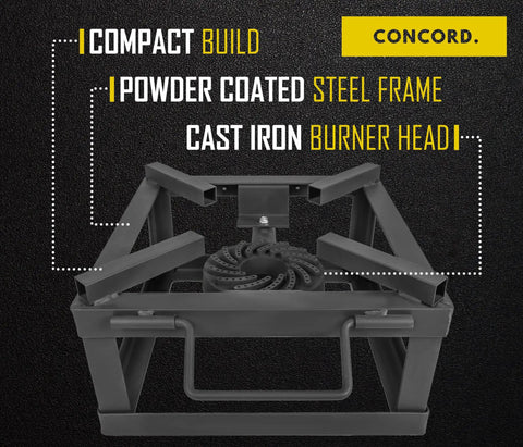 12 Inch Block Burner Propane Outdoor Cooker With 100,000 BTU Output, steel frame, cast iron burner head for home brewing.