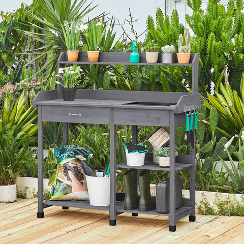 Outdoor Potting Bench Table All In One Garden Workstation with Drawer Adjustable Shelf Removable Sink Hooks in Gray Finish