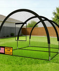 Backyard Baseball Batting Cage Kit 22 Ft By 12 Ft By 8 Ft Frame With 5 Ply 1000D High Strength Net in backyard setting.