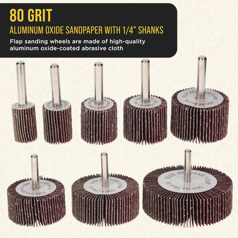 Beefy 40 Piece Flap Wheel Sander Kit With One Quarter Inch Shank, 80 Grit Aluminum Oxide Wheels For Drill And Die Grinder displayed.