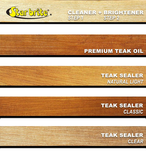 Star brite products showing Cleaner + Brightener, Premium Teak Oil, and Teak Sealers in various wood tones and finishes.