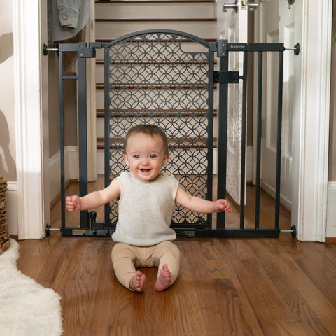Walk Through Baby And Pet Gate Easy To Use For Doorways And Stairways No Drill Pressure Mount shown with happy baby in front