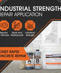 FlexSet Rapid Concrete Repair Kit Self Leveling Epoxy Cement For Driveways Foundations Large Cracks And Outdoor Repairs Gray 3 Gallon No Tear Out Required Cold Applied Quick Set Solution For Fast Durable Fix displayed with epoxy bottles and bucket for industrial strength repair.