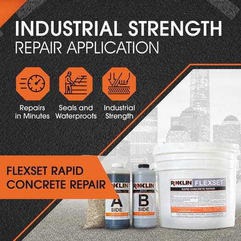 FlexSet Rapid Concrete Repair Kit Self Leveling Epoxy Cement For Driveways Foundations Large Cracks And Outdoor Repairs Gray 3 Gallon No Tear Out Required Cold Applied Quick Set Solution For Fast Durable Fix displayed with epoxy bottles and bucket for industrial strength repair.