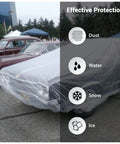 Universal Clear Car Cover For SUVs Sedans Sports Cars And Vintage Rides Up To 22 Feet By 12 Feet covering car, protects from elements.