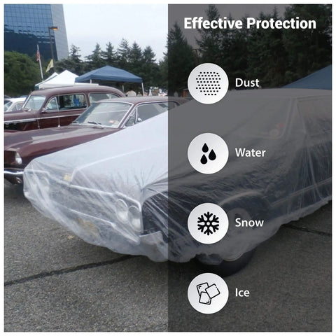 Universal Clear Car Cover For SUVs Sedans Sports Cars And Vintage Rides Up To 22 Feet By 12 Feet covering car, protects from elements.