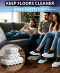 People wearing Bulk Disposable Shoe Covers, 50 Pairs Per Box, Indoor Use Only, Thin Nonwoven Fabric, Stretch Fit for guests