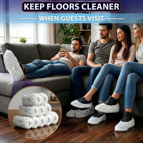 People wearing Bulk Disposable Shoe Covers, 50 Pairs Per Box, Indoor Use Only, Thin Nonwoven Fabric, Stretch Fit for guests