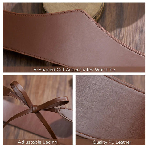 Close-up of Dope Renaissance Obi Belt With Snatched Medieval Leather Corset Style Game Changing Wide Cinch Strap, showing V-shaped cut and lacing.