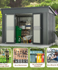 6x10 Ft Outdoor Storage Shed Galvanized Metal With Lockable Door And Vents Weatherproof Garden Patio Backyard Storage House In Grey Rust Resistant Steel Frame with garden tools inside