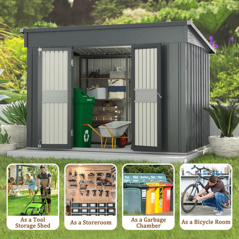 6x10 Ft Outdoor Storage Shed Galvanized Metal With Lockable Door And Vents Weatherproof Garden Patio Backyard Storage House In Grey Rust Resistant Steel Frame with garden tools inside