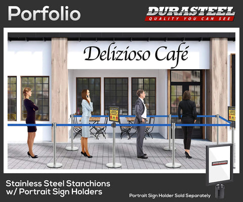 Heavy Duty Crowd Control Stanchions With 6.5 Foot Retractable Belts, Stainless Steel Posts In Silver With Blue Belts at Cafe Entry