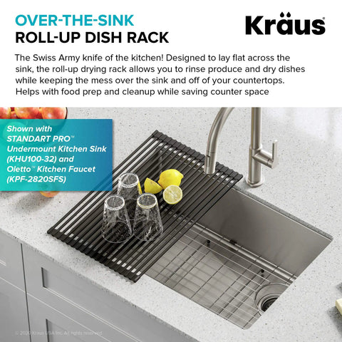 Over Sink Roll Up Dish Drying Rack with glasses and lemons on standard sink, black finish, space-saving kitchen accessory