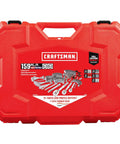 Red case displaying 159 Piece Socket Wrench Set With 1/4 3/8 And 1/2 Inch Sockets, 72 Tooth Ratchet, shown on the front label.