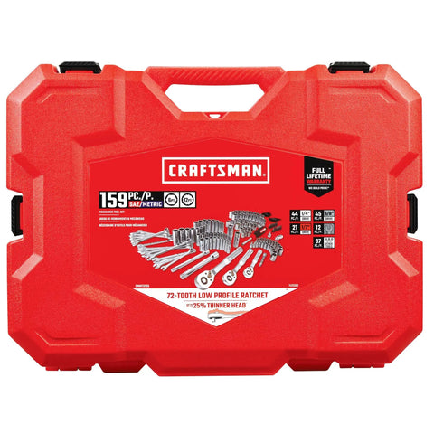 Red case displaying 159 Piece Socket Wrench Set With 1/4 3/8 And 1/2 Inch Sockets, 72 Tooth Ratchet, shown on the front label.