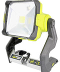 One Plus 1800 Lumen 18V Hybrid LED Work Light with flat standing base, shown at a side angle, highlighting mounting options.