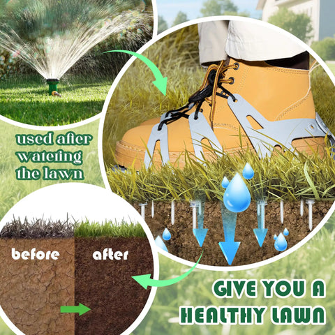 Lawn Aerator Shoes With Spiked Design And Adjustable Wrap Around Lacing For Easy On And Secure Fit Yard Care Must-Have Universal Size 6 To 12 For Men And Women Grass Aeration Spikes Tool In Grey shown in use