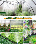 Greenhouse misting system with adjustable nozzles demonstrating use in gardens, flower beds, agriculture, and vegetables.