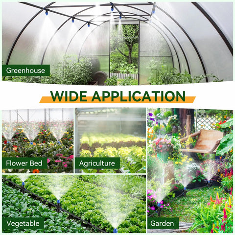 Greenhouse misting system with adjustable nozzles demonstrating use in gardens, flower beds, agriculture, and vegetables.