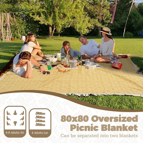 Group sitting on 2 In 1 Extra Large Camping Blanket With Soft Woven Top And Durable Oxford Base in a park