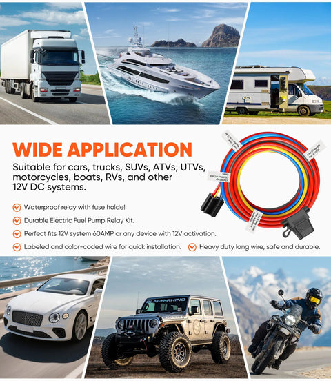 12V Electric Fuel Pump Relay Kit Waterproof 60 Amp with wiring harness and vehicles like truck, yacht, RV, car, Jeep, motorcycle