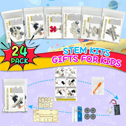 24 Pack STEM Kits For Kids Classroom Hands On Science Projects And 3D Wooden Model Builds With 6 Designs Display
