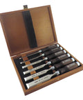 Heavy Duty 6 Piece Woodworking Chisel Set Featuring Tough Chrome Manganese Steel Blades and Razor Sharp 25 Degree Bevels in a wooden box.