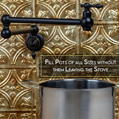 Pot Filler Faucet Wall Mount Black Kitchen Faucet With 24 Inch Extendable Swing Arm shown above stove with pot.