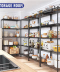 Storage room with Five Tier Adjustable Narrow Storage Shelves For Kitchen, Heavy Duty Metal Rack With 1010 Lbs Load Capacity, Anti-Wobble Stability, Durable Pantry Organizer For Cabinets And Countertop Organization, Space Saver.