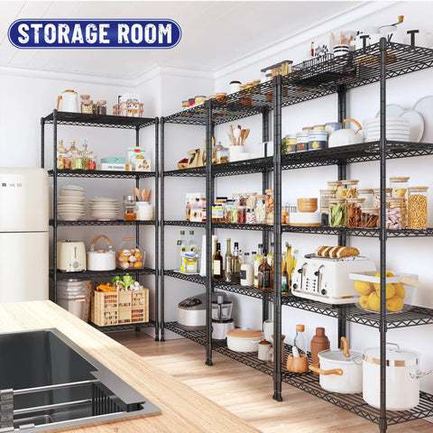 Storage room with Five Tier Adjustable Narrow Storage Shelves For Kitchen, Heavy Duty Metal Rack With 1010 Lbs Load Capacity, Anti-Wobble Stability, Durable Pantry Organizer For Cabinets And Countertop Organization, Space Saver.
