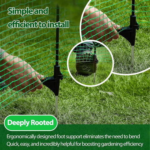 Easy Set Temporary Fence Kit With 3 Foot High 50 Foot Plastic Mesh, Fiberglass Step In Posts being installed in garden