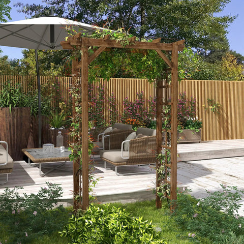 Carbonized Wood Garden Arbor For Outdoor Weddings And Ceremonies, Elegant Arch Trellis For Climbing Vines, in a backyard setting