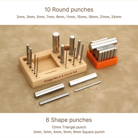 Steel 2.5 Inch Swage Block With 16 Punch Set for jewelry making on wooden stand and rubber base.