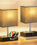 Set of 2 wooden desk lamps with phone stand, USB-C ports, and outlets, fully dimmable for nightstands and living rooms