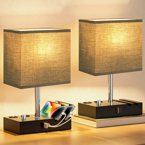 Set of 2 wooden desk lamps with phone stand, USB-C ports, and outlets, fully dimmable for nightstands and living rooms