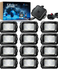 Curved RGBW LED Rock Lights Kit With 12 Pods Underglow Multicolor Neon Lighting Wiring Switch Bluetooth Controller And App Control For Off Road Rigs Trucks SUVs package and components