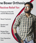 Man wearing Boxer Fracture Splint Hand Brace With Finger Support, Adjustable Right Hand Wrist Support for Metacarpal Fracture.