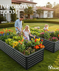 Large Raised Garden Bed Kit 8x4x2ft With Galvanized Metal Planter Box in black finish, installed with colorful flowers and plants.