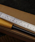 Go-To 5.9 Inch Ferro Rod Fire Starter Kit with wooden handle and sheath beside a ruler, showing dimensions for camping use.