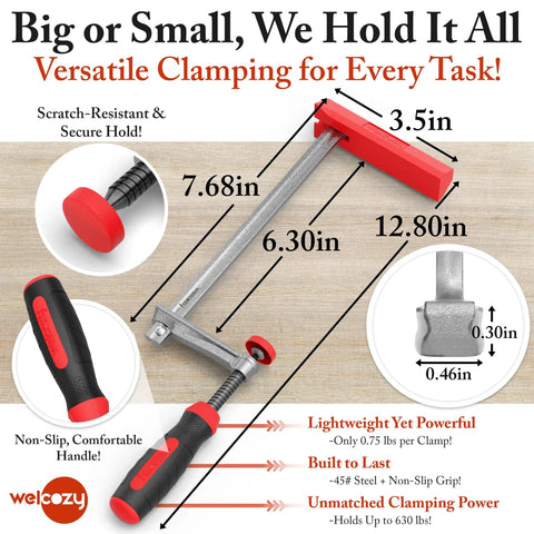 Built Tough Heavy Duty F Clamps Pack A Knockout 630 Pound Grip with ergonomic handles and dimensions displayed for woodworking projects.