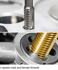 Left Hand M5 0.8mm Tap And Die Set For Thread Repair in use, showing close-up of thread cutting process on metal.