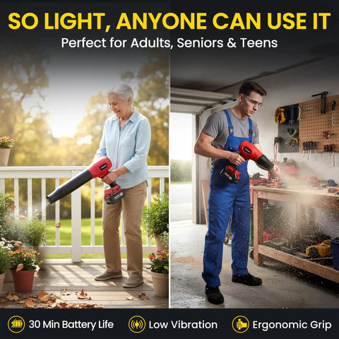 Powerful Cordless Leaf Blower Handheld Turbo Jet With Dual Batteries 20V 350W Power in action, used by seniors and adults