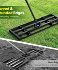 Two In One Lawn Leveling Rake With Dual Sided Design 32 By 10 Ground Plate And 78 Inch Adjustable Handle showing curved edges on grass
