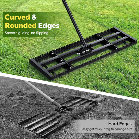 Two In One Lawn Leveling Rake With Dual Sided Design 32 By 10 Ground Plate And 78 Inch Adjustable Handle showing curved edges on grass