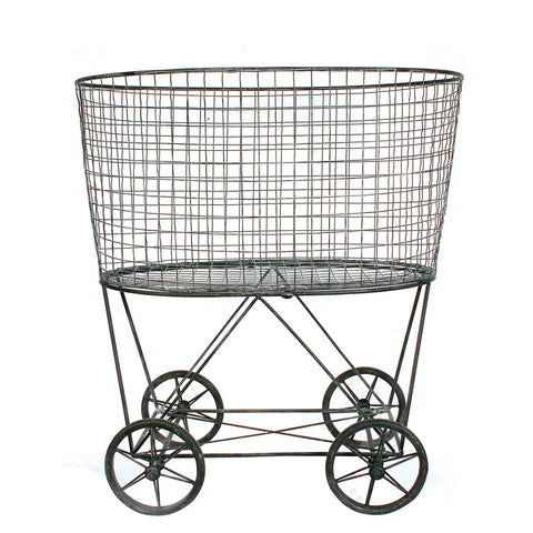 Old School Vintage Metal Laundry Basket On Wheels With Durable Frame In Gray Finish, 25 By 15 By 26.75 Inches, Easy Roll Laundry Cart