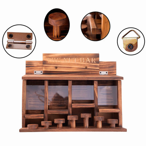 Wooden Squirrel Picnic Table Feeder With Four Seed Compartments And Seven Tier Bar Stools, Durable Burnt Wood Finish, product details