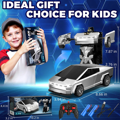 RC Transforming Cyber Pickup Truck And Robot Toy For Kids, 2.4GHz Remote Control Car with box, remote, dual batteries, LED lights